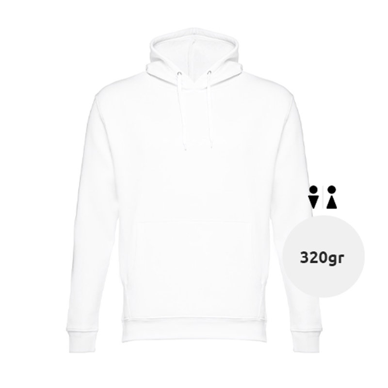 Felpa da adulto unisex bianca con cappuccio e tasche a marsupio in cotone e poliestere 320gr