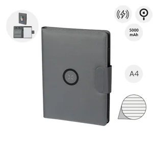 Cartella portadocumenti in RPET con block note A4 da 20 fogli a righe e caricabatterie rapido magnetico wireless 10W