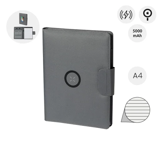 Cartella portadocumenti in RPET con block note A4 da 20 fogli a righe e caricabatterie rapido magnetico wireless 10W