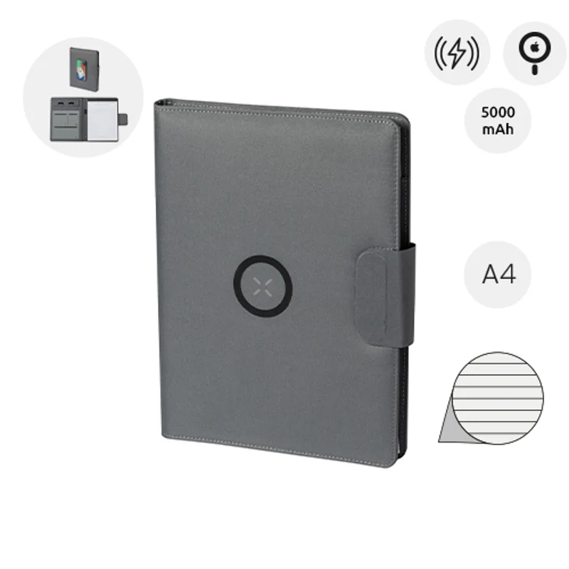 Cartella portadocumenti in RPET con block note A4 da 20 fogli a righe e caricabatterie rapido magnetico wireless 10W