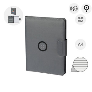 Cartella portadocumenti in RPET con block note A4 da 20 fogli a righe e caricabatterie rapido magnetico wireless 10W
