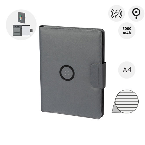 Cartella portadocumenti in RPET con block note A4 da 20 fogli a righe e caricabatterie rapido magnetico wireless 10W