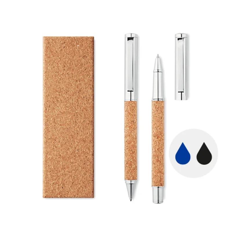 Set in sughero con penna a sfera refill blu e penna roller refill nero in confezione regaro in sughero