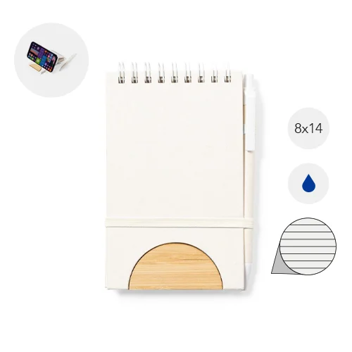 Block notes porta telefono con spirale realizzato in materiale riciclato con cartoni del latte e bambù fogli a righe e penna refil blu