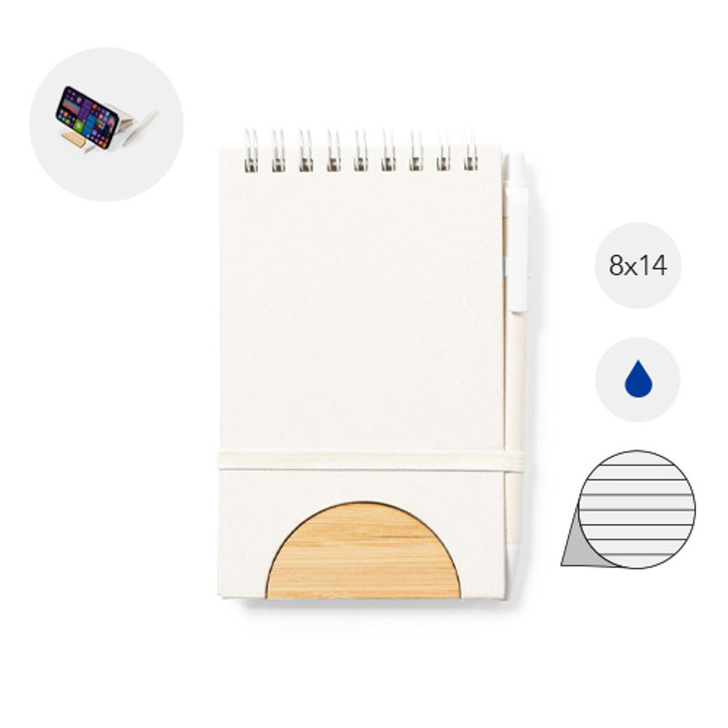 Block notes porta telefono con spirale realizzato in materiale riciclato con cartoni del latte e bambù fogli a righe e penna refil blu