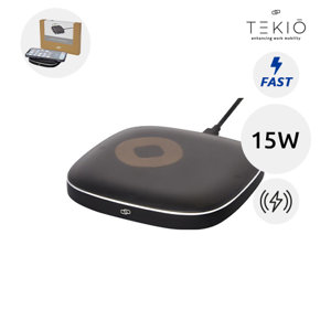Caricatore wireless a marchio Tekiō con ricarica veloce e case trasparente e struttura in alluminio da 15W fornita in scatola regalo