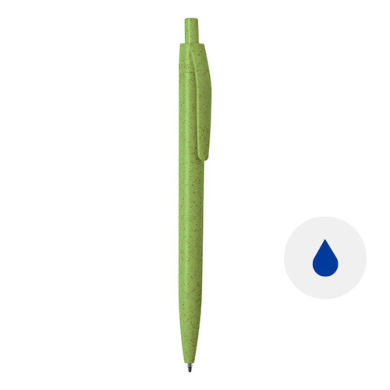 Penna a sfera in paglia di grano disponibile in vari colori con meccanismo a scatto e refill blu