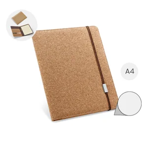 Cartella in sughero con chiusura a elastico e blocco appunti A4 a 20 fogli lisci avorio fornito con custodia in TNT