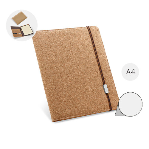 Cartella in sughero con chiusura a elastico e blocco appunti A4 a 20 fogli lisci avorio fornito con custodia in TNT