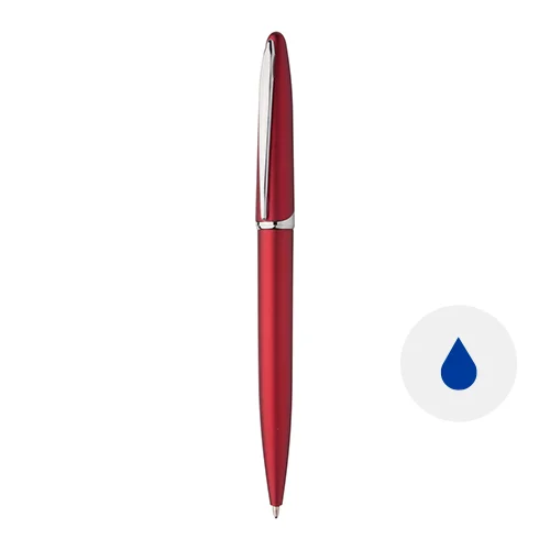 Penna a sfera in plastica colorata e clip cromata con meccanismo a rotazione e refill blu