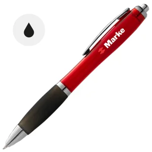 Penna a sfera con fusto colorato e impugnatura nera con meccanismo a scatto e refill nero