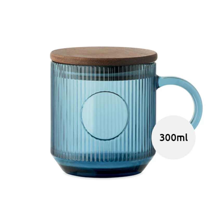 Tazza in vetro a coste con coperchio in legno di acacia da 300ml