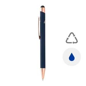 Penna a sfera in alluminio riciclato con finitura gommata e touch screen dettagli color oro rosa e refill blu