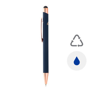 Penna a sfera in alluminio riciclato con finitura gommata e touch screen dettagli color oro rosa e refill blu