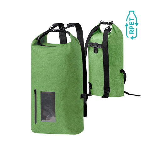 Zaino sacca impermeabile in RPET con tasca per dispositivo capacitivo chiusa da cerniera e cinghie regolabili 370×550×130mm