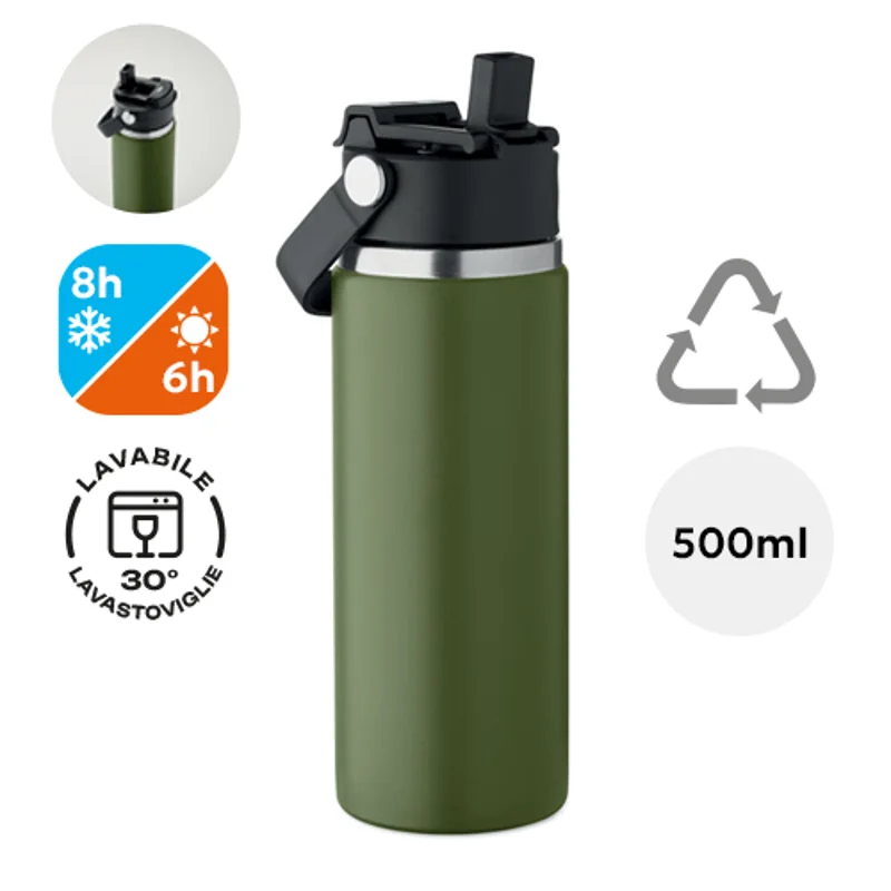Borraccia doppio strato in acciao inox riciclato con cannuccia 500ml