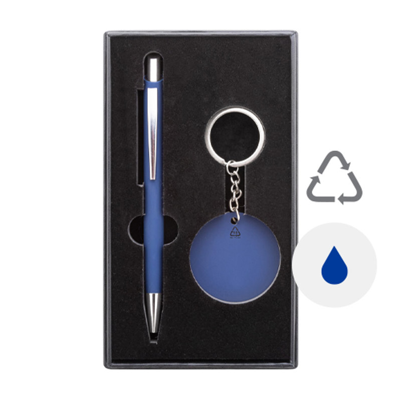 Set regalo con penna refill blu e portachiavi in alluminio riciclato con finitura gommata