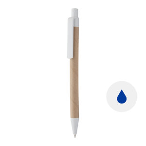 Penna a sfera in carta riciclata disponibile in vari colori e clip in plastica bianca con meccanismo a scatto e refill blu
