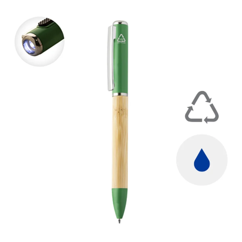 Penna a sfera in bambù e plastica riciclata a rotazione torcia LED e refill blu 