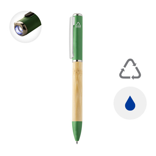 Penna a sfera in bambù e plastica riciclata a rotazione torcia LED e refill blu 