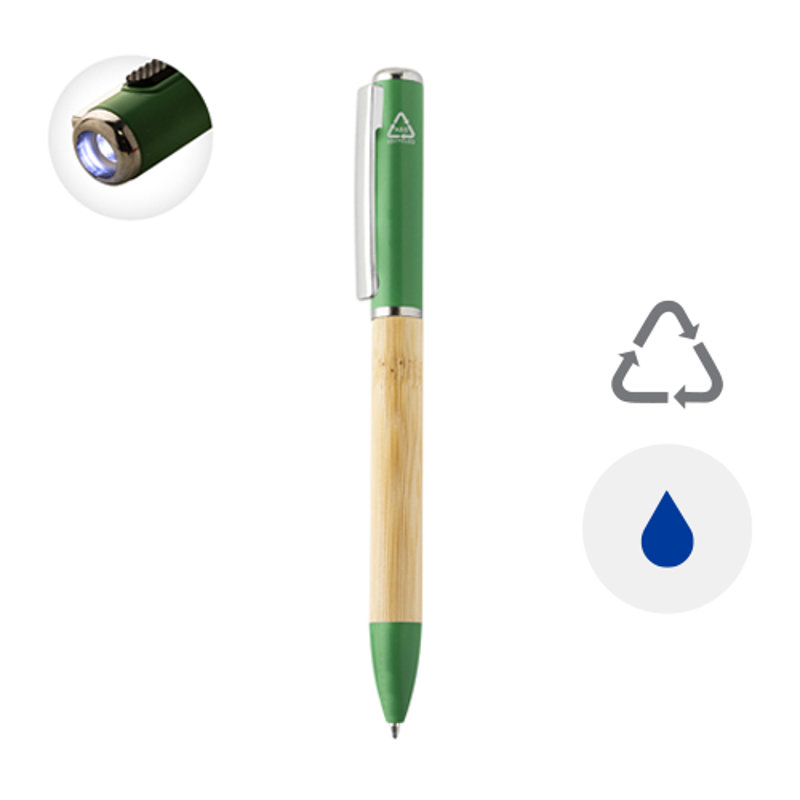 Penna a sfera in bambù e plastica riciclata a rotazione torcia LED e refill blu 