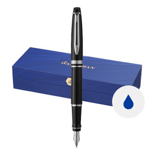 Penna stilografica  a marchio Waterman in alluminio di colore nero con cappuccio in confezione regalo e refill blu