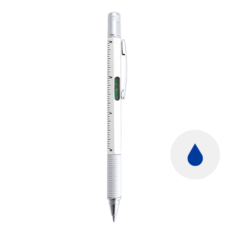 Penna a sfera in plastica multiuso con cacciaviti livella a bolla e righelli clip in metallo e refill blu