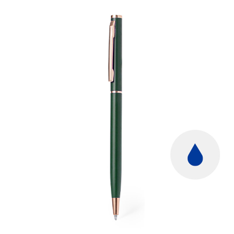 Penna a sfera in alluminio opaco e finiture color rame con meccanismo a rotazione in refill blu