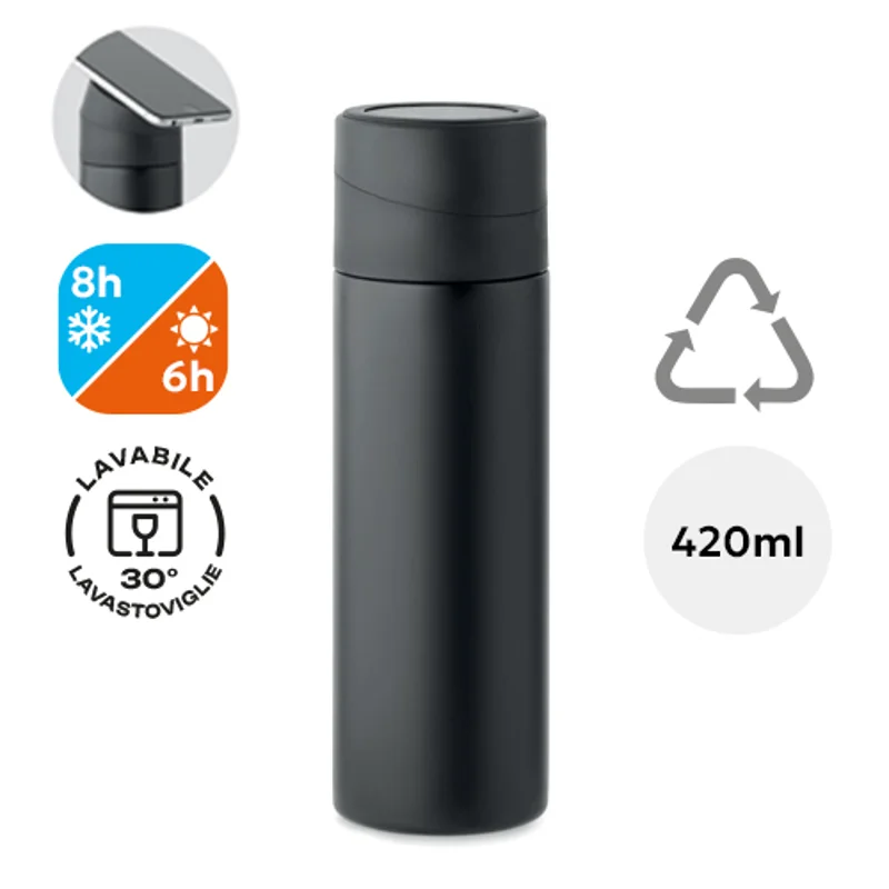 Borraccia in acciaio inox riciclato a doppio strato con anello in silicone antiscivolo porta telefono da 420ml