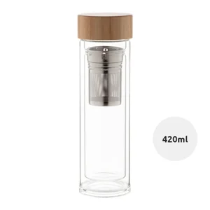 Borraccia in vetro con infusore per tè e coperchio in bambù da 420 ml.