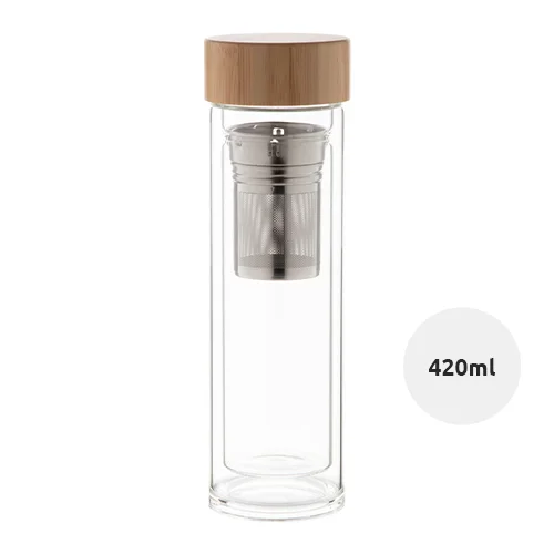 Borraccia in vetro con infusore per tè e coperchio in bambù da 420 ml.
