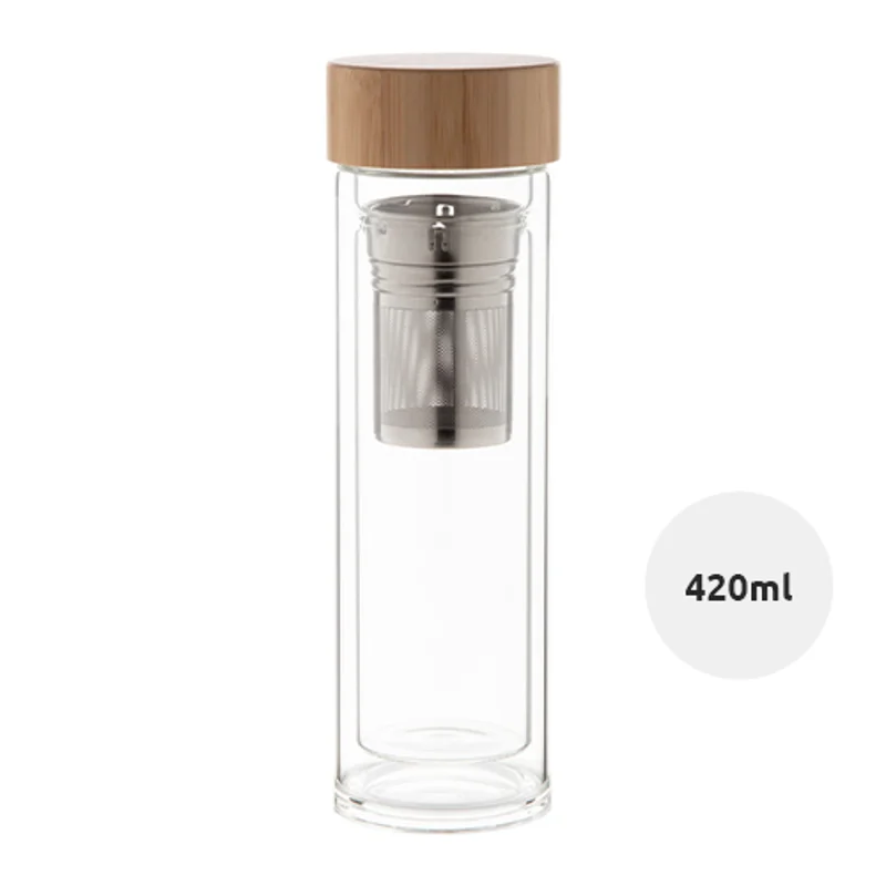 Borraccia in vetro con infusore per tè e coperchio in bambù da 420 ml.