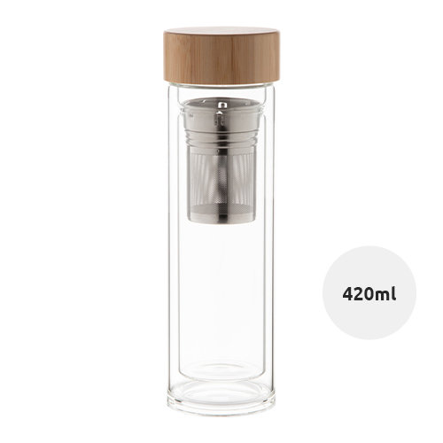Borraccia in vetro con infusore per tè e coperchio in bambù da 420 ml.