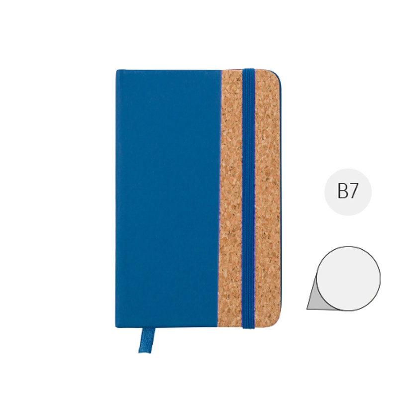 Block Notes B7 in PU e sughero da 80 fogli lisci con elastico e segnalibro in tessuto