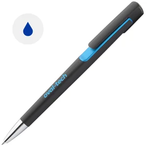 Penna a sfera in plastica nera con particolari colorati e con meccanismo a scatto e refill blu