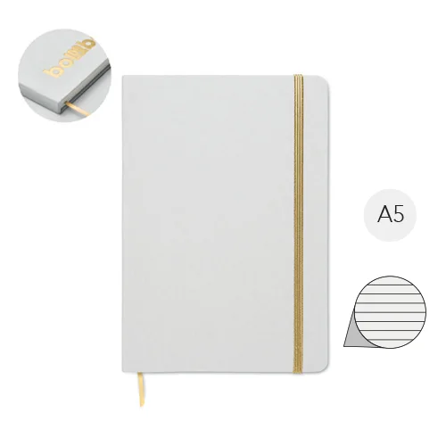 Block notes A5 copertina in carta e cartone del latte riciclato pagine a righe segnalibro ed elastico colorato