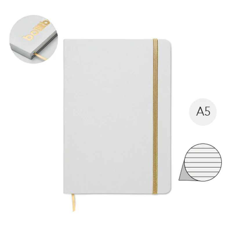 Block notes A5 copertina in carta e cartone del latte riciclato pagine a righe segnalibro ed elastico colorato