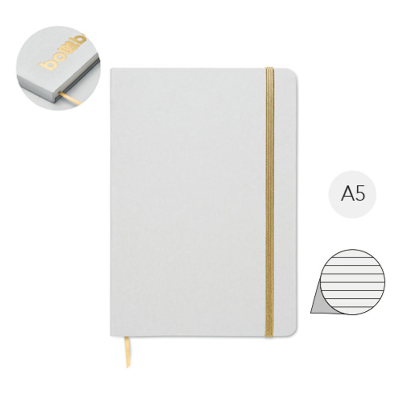 Block notes A5 copertina in carta e cartone del latte riciclato pagine a righe segnalibro ed elastico colorato