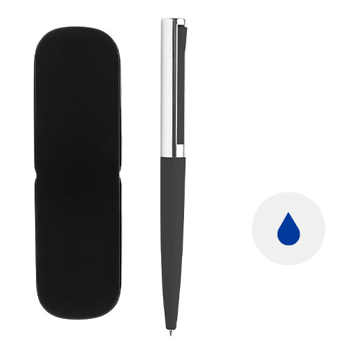 Penna a sfera in alluminio con particolare movimento della clip confezionata in scatola di metallo e refill blu