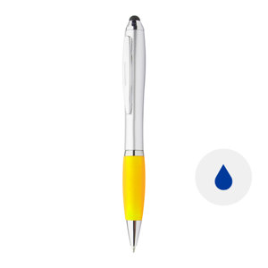 Penna a sfera in plastica e impugnatura in gomma colorata con punta touch e meccanismo a rotazione e refill blu