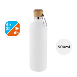 Borraccia in acciaio inox a doppia parete con tappo in bambù e moschettone da 500ml