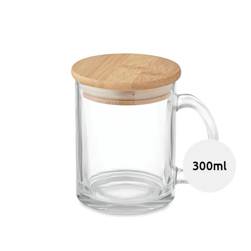 Tazza in vetro riciclato con coperchio in bambù da 300ml