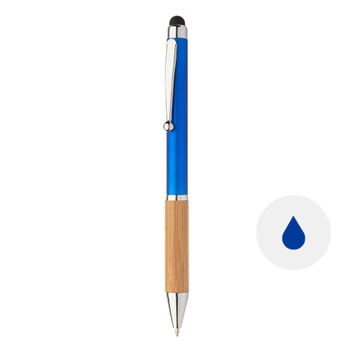 Penna a sfera in plastica con finitura metallizata e impugnatura in bambù con punta touch e refill blu