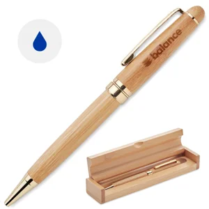 Penna a sfera in bambù con meccanismo a rotazione e confezione in bambù e refill blu