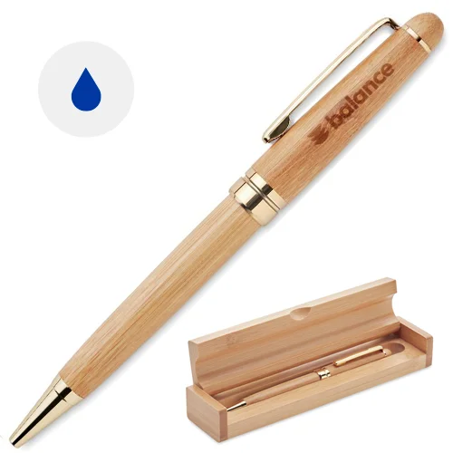 Penna a sfera in bambù con meccanismo a rotazione e confezione in bambù e refill blu