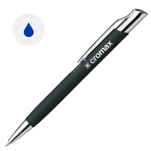 Penna a sfera in alluminio e finitura gommata in colori assortiti con meccanismo a scatto e refill blu