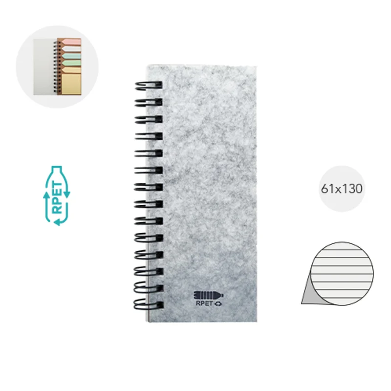 Block notes a spirale con copertina in feltro RPET fogli a righe in carta riciclata e note adesive segnapagina 61×130×15mm