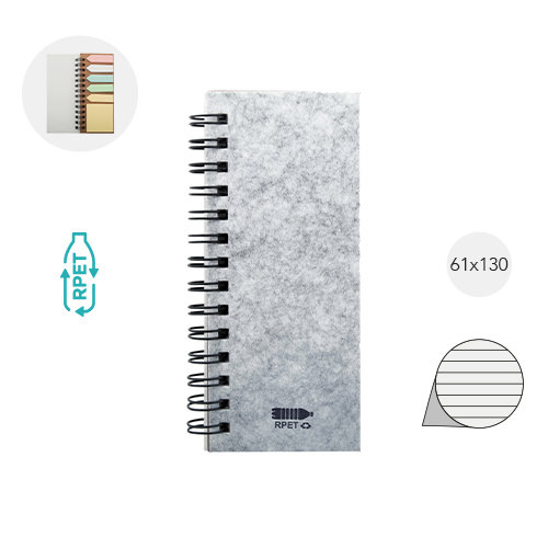 Block notes a spirale con copertina in feltro RPET fogli a righe in carta riciclata e note adesive segnapagina 61×130×15mm