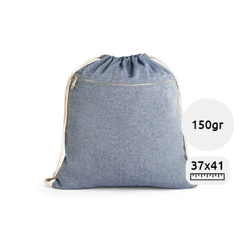 Sacca a zaino in cotone riciclato con tasca anteriore con cerniera da 150 gr 37x41cm