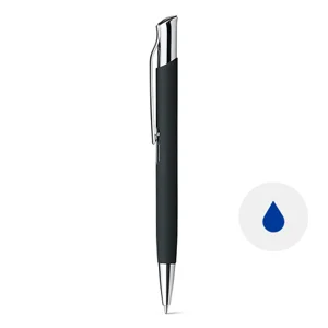 Penna a sfera in alluminio e finitura gommata in colori assortiti con meccanismo a scatto e refill blu